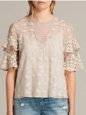 All Saints Cream Sheer Lace V-Neck Ruffle Sleeve Blouse